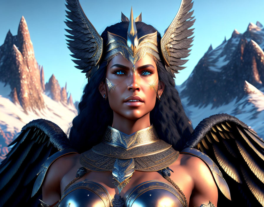 Female Warrior in Golden Winged Helmet on Snowy Mountain