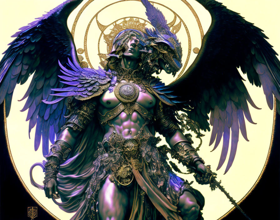 Detailed Winged Armored Figure Artwork with Staff and Golden Halo