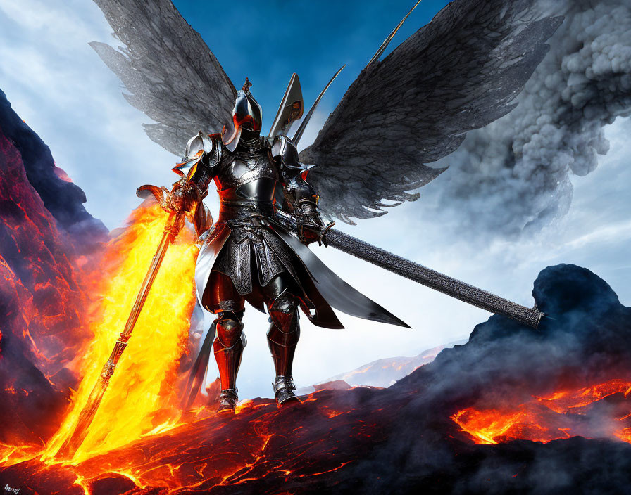 Armored warrior with wings wields glowing sword and spear on volcanic terrain