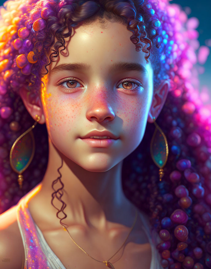 Young girl with curly hair and freckles in warm light