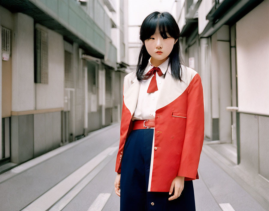 Young woman in urban alleyway wearing red and white jacket and blue trousers.