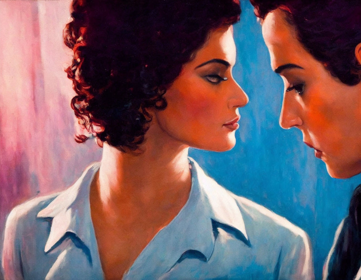 Realistic painting of two women with dark, curly hair on pink and blue background