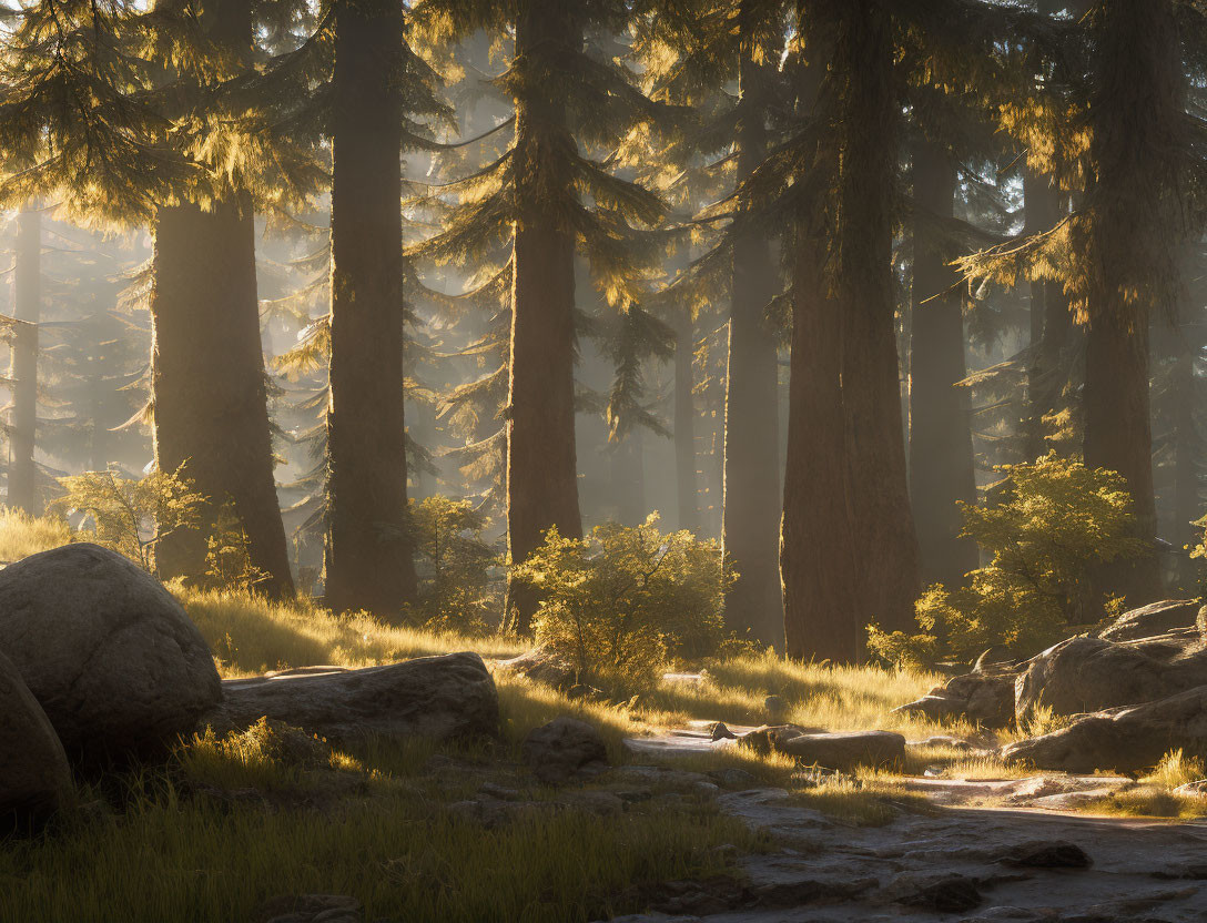 Forest sunlight filtering through misty trees and rocks in grassy clearing