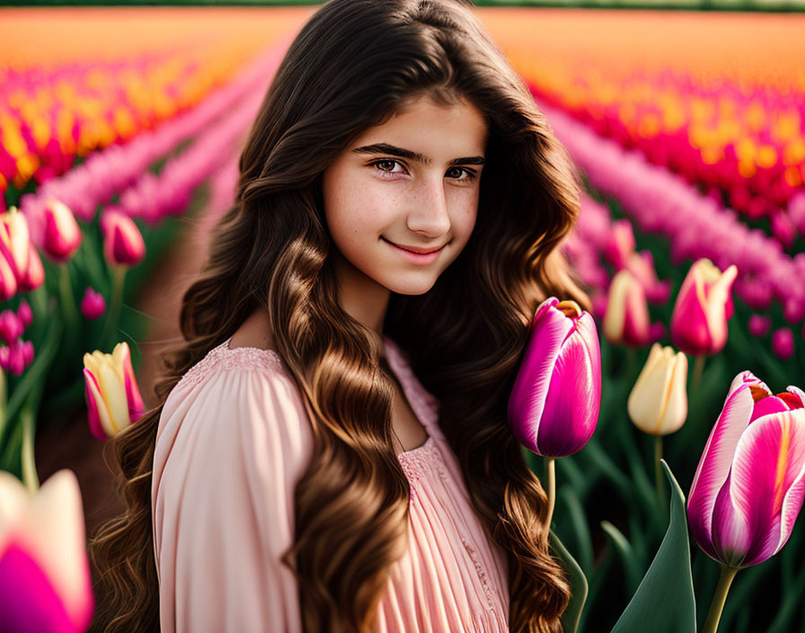 Curly Haired Girl Smiling in Pink Dress Surrounded by Tulips