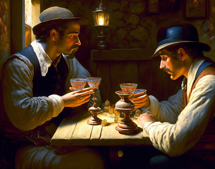 Men in historical attire examining glass goblets under warm lamplight