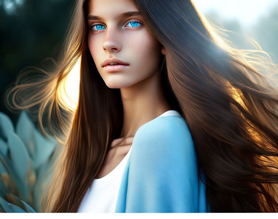 Woman with Blue Eyes and Brown Hair in Sunlit Portrait