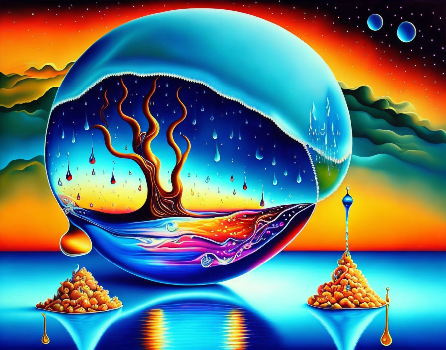 Surreal landscape with reflective water droplet, day-night contrast, colorful sky.