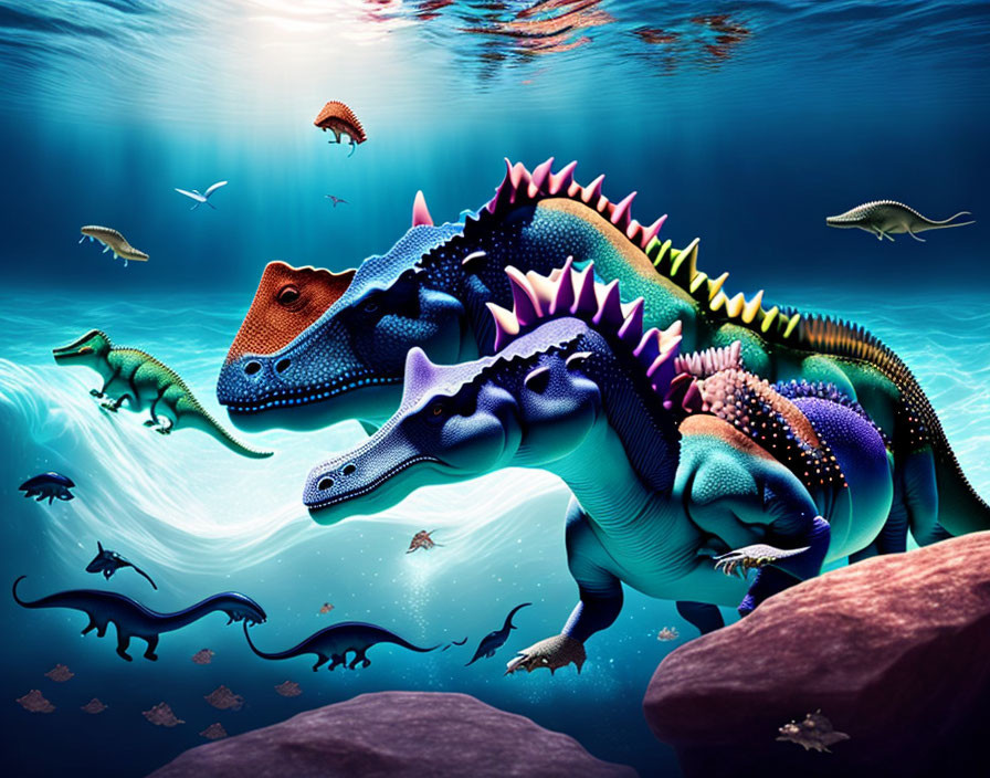 Colorful dinosaurs in underwater scene with diverse marine life & light.