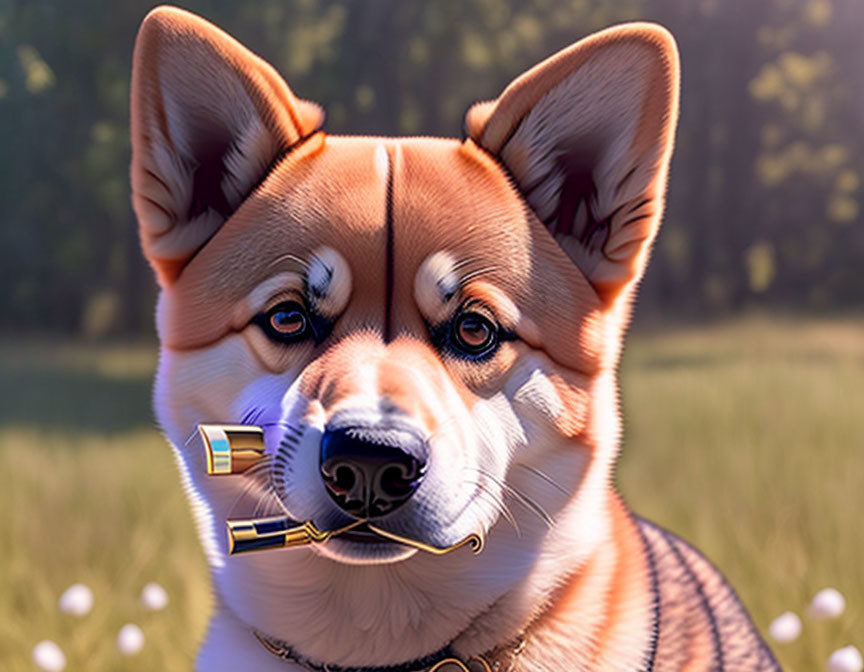 Digital illustration of Corgi dog with paintbrush and gold chain in sunny outdoor setting.