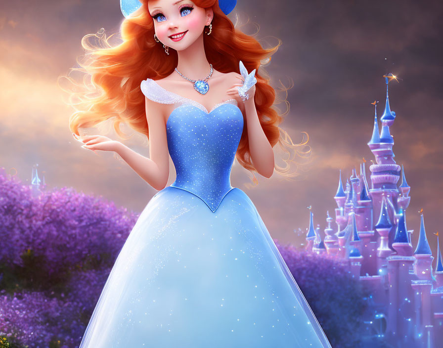 Animated princess with orange hair in blue ball gown holding bird in castle setting