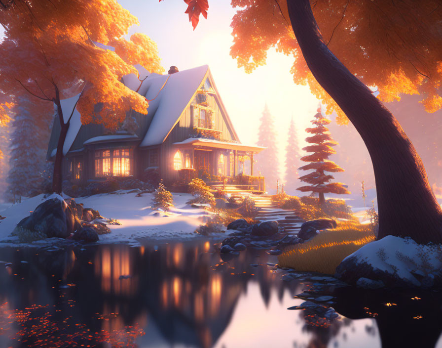 Snowy Landscape with Autumn Trees and Cottage Reflecting Warm Light