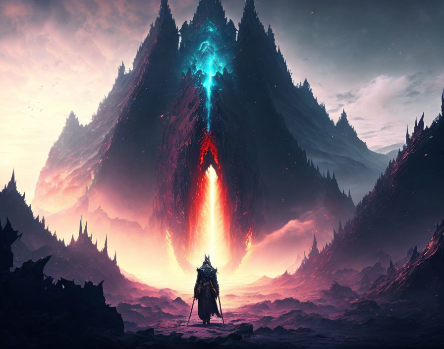 Figure faces massive mountain with glowing red fissure and blue energy source in dusky sky