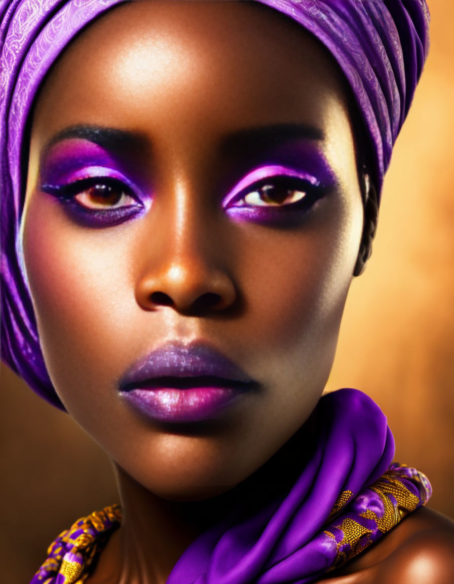 Close-up Portrait of Woman with Striking Purple Makeup and Headscarf