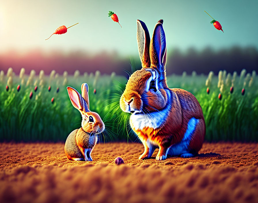 Colorful surreal scene: Two rabbits on field with flying carrots