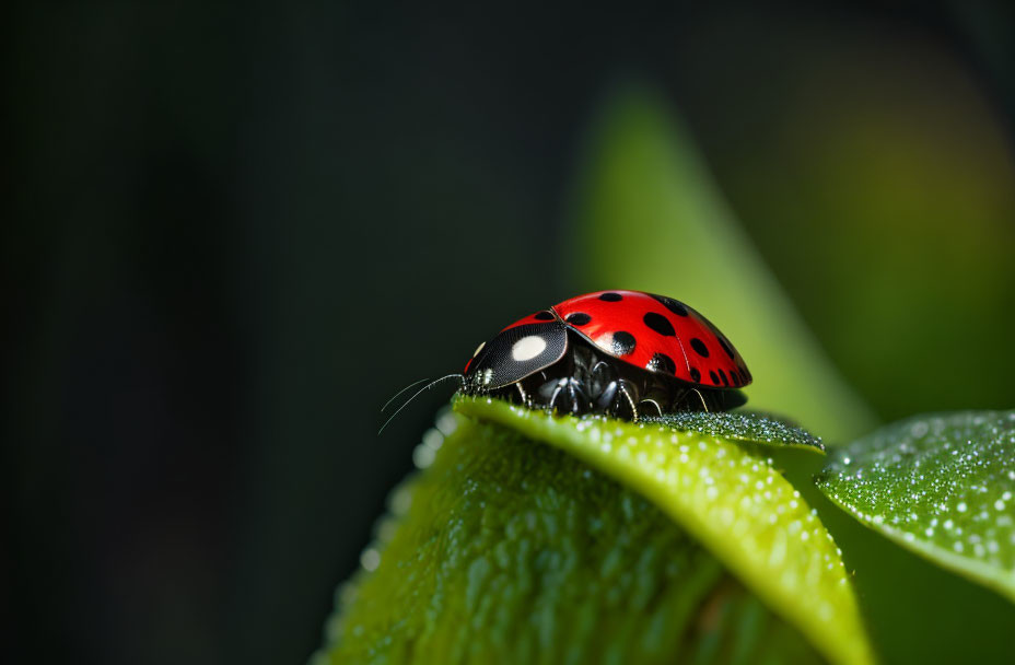 Red ladybug with black spots on green leaf against blurred background