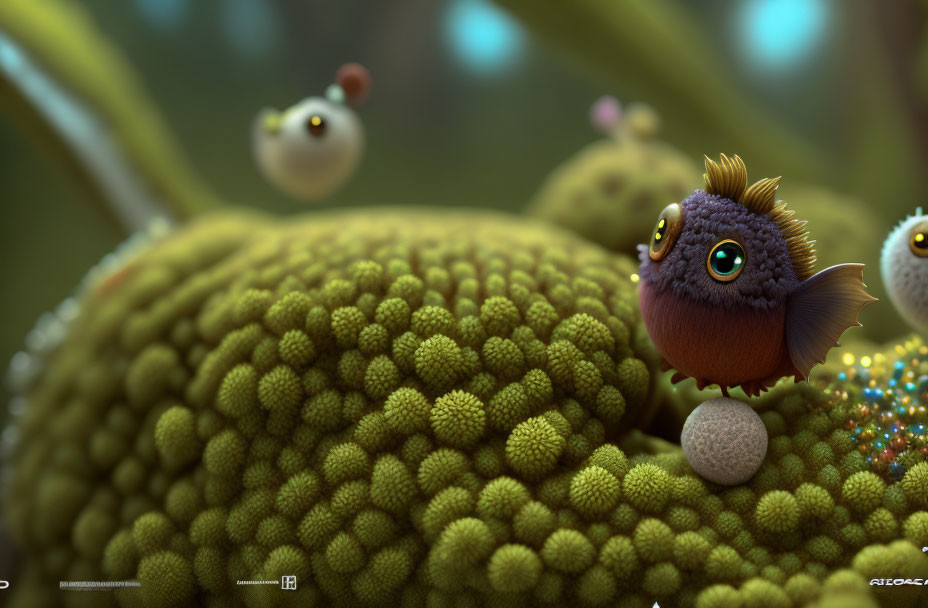 Whimsical digital art of fuzzy bird on mossy hill with floating creatures