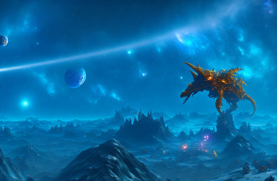 Majestic dragon on mountain under starry sky with cosmic energy trails