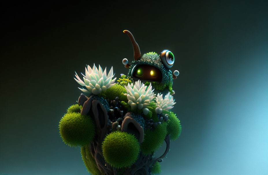 Whimsical 3D-rendered creature with large eye, horn, green foliage, and white