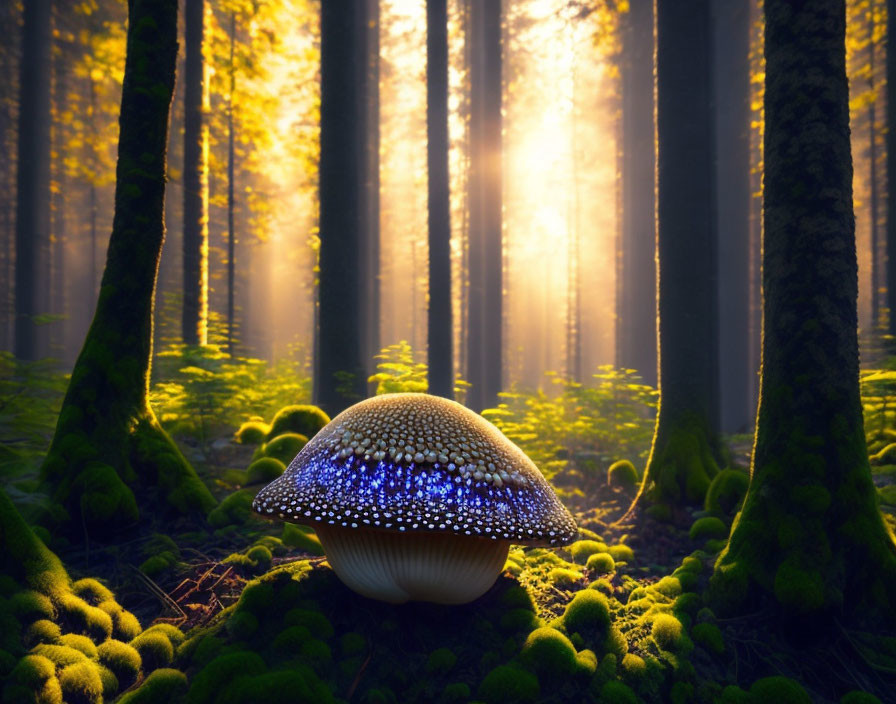 Luminescent mushroom in mossy forest bathed in golden sunlight