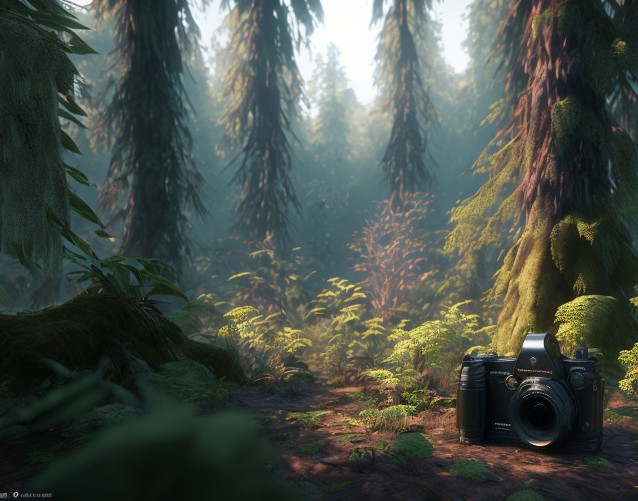 Tranquil forest with towering trees and ferns captured by camera