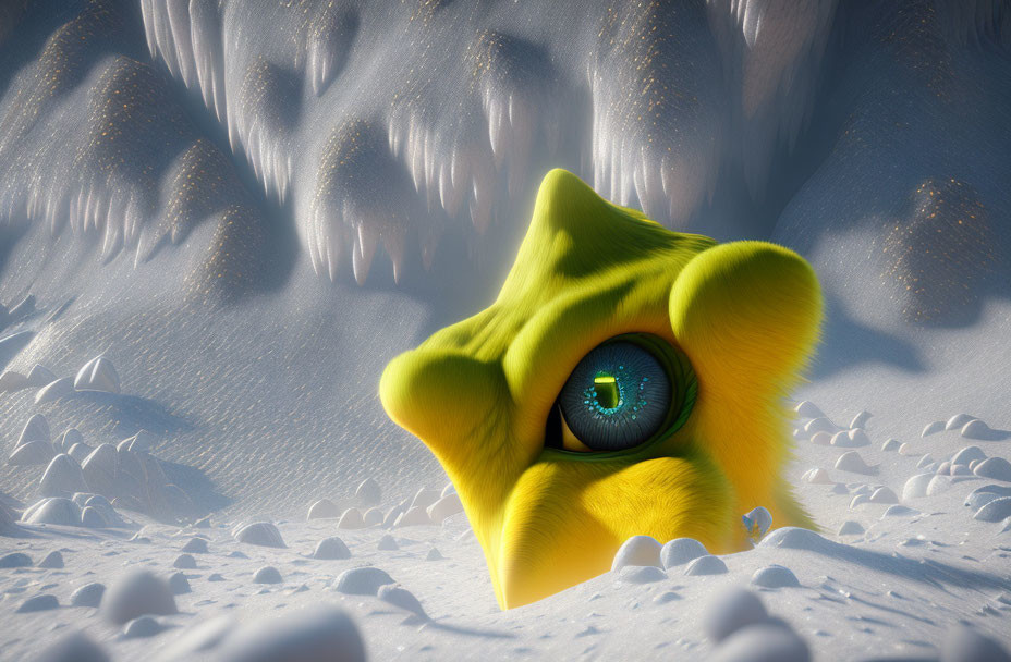 Yellow Star-Shaped Creature with Green Eye in Snowy Landscape