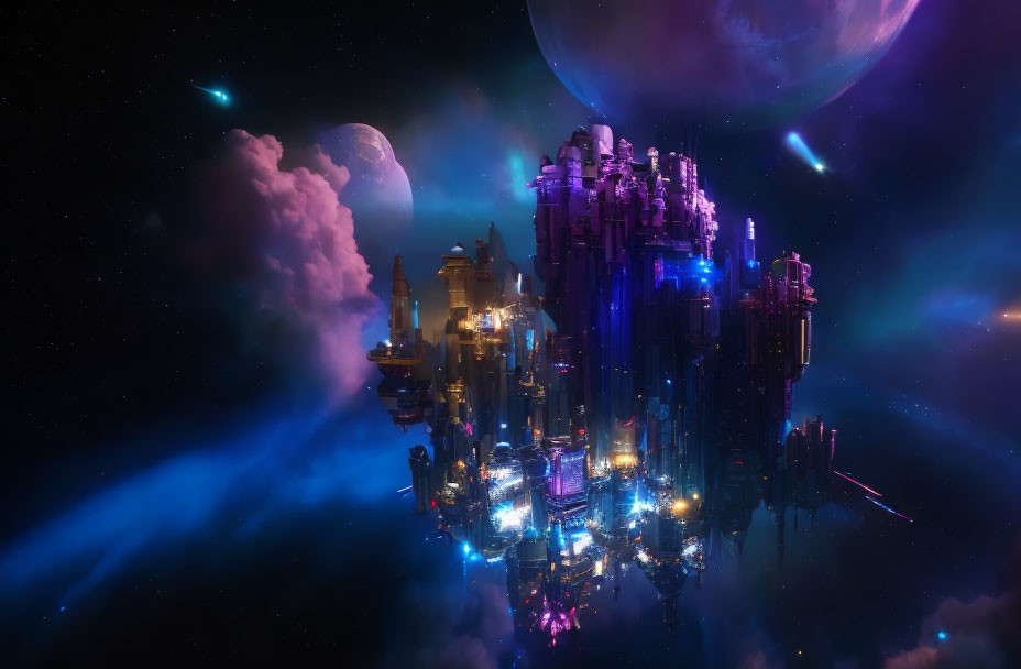 Futuristic cityscape with cosmic backdrop and neon-lit skyscrapers