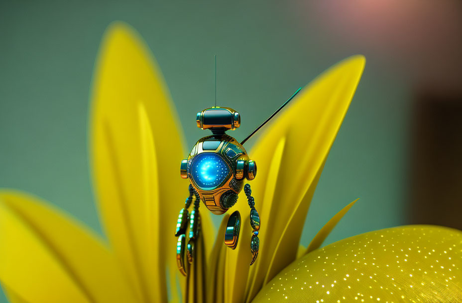 Futuristic robotic bee on yellow flower with blue and orange accents