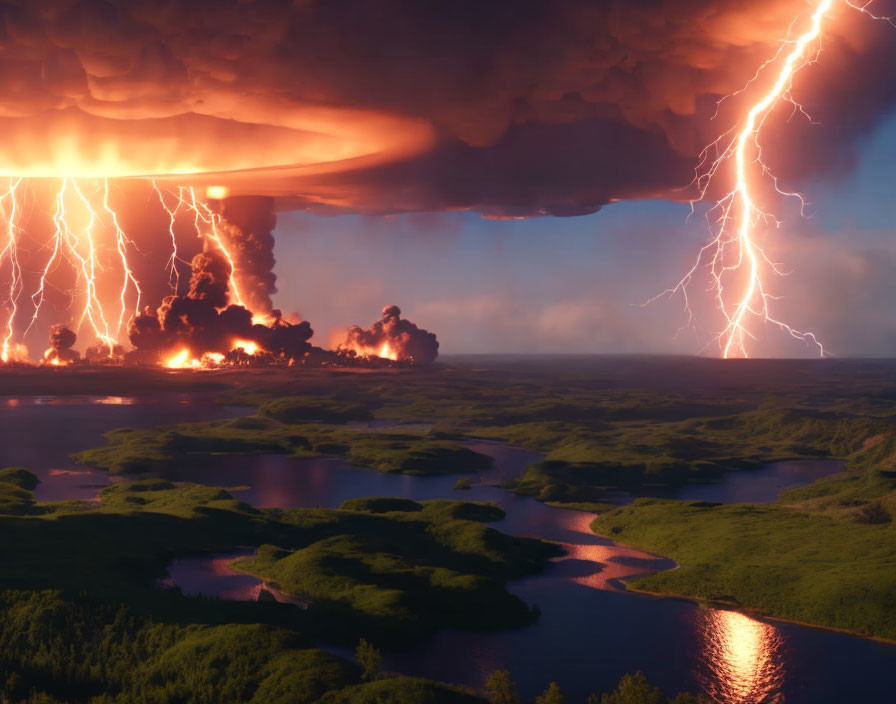 Dramatic grassland scene with lightning strikes and fiery explosions