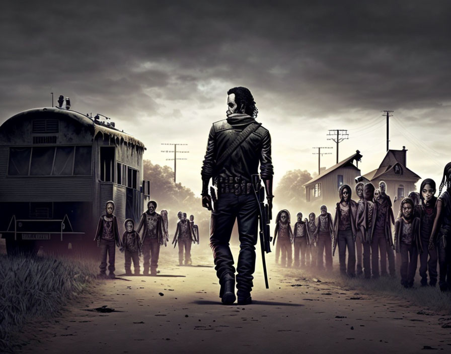 Man with sword confronts zombies in gloomy setting with abandoned bus