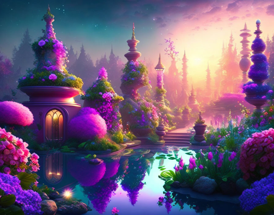 Vibrant fantasy landscape: twilight, purple flora, whimsical towers, reflecting pond, dreamy