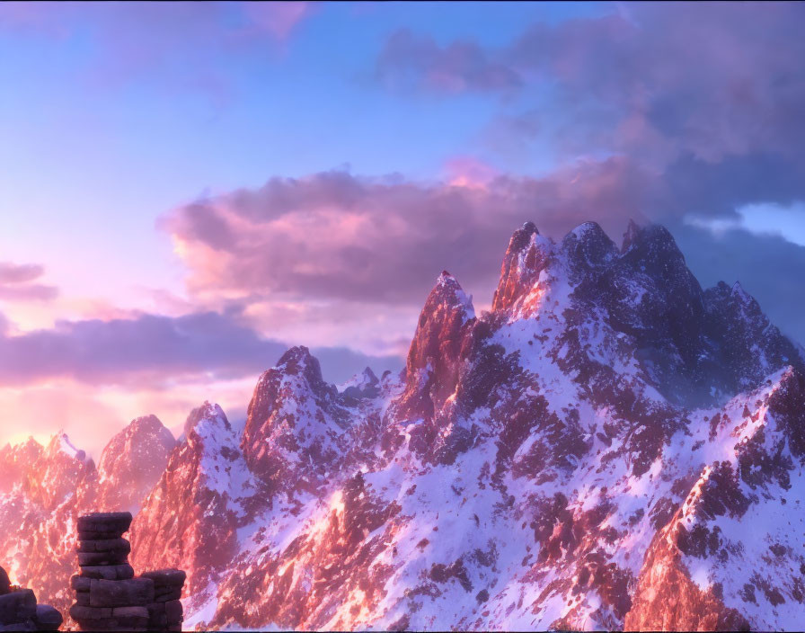 Snowy peaks at sunset with cairn and dramatic sky