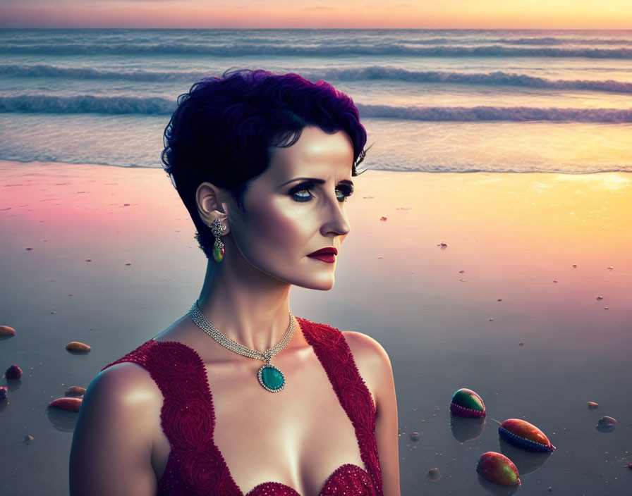 Woman with Purple Hair in Red Dress on Beach at Sunset