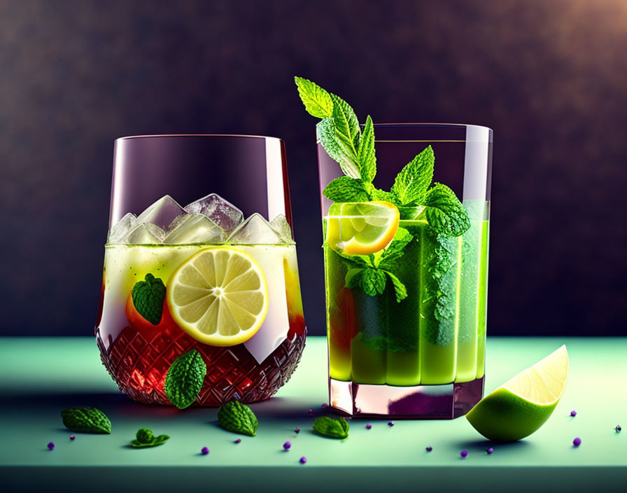 Refreshing Citrus Drinks with Mint on Gradient Background