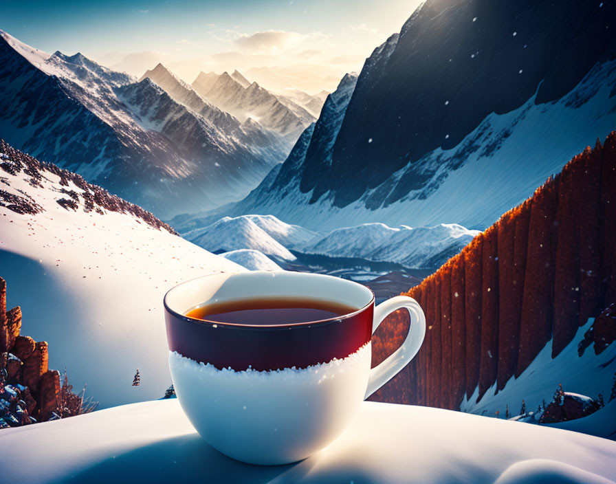 Steaming Cup of Tea on Snowy Mountain Backdrop