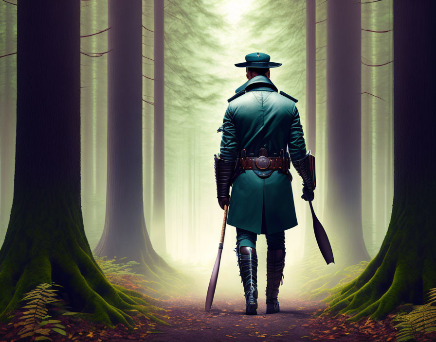 Person in Green Coat and Hat with Sword and Cane in Mysterious Forest