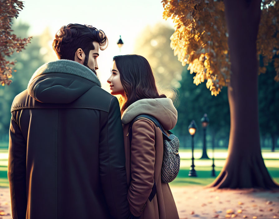 Couple in Warm Jackets in Autumn Park with Lamppost