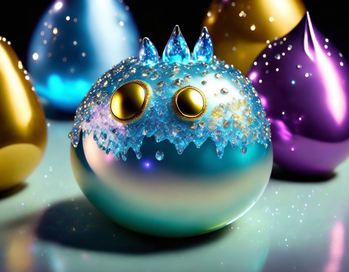 Blue whimsical creature with yellow eyes in colorful fantasy scene