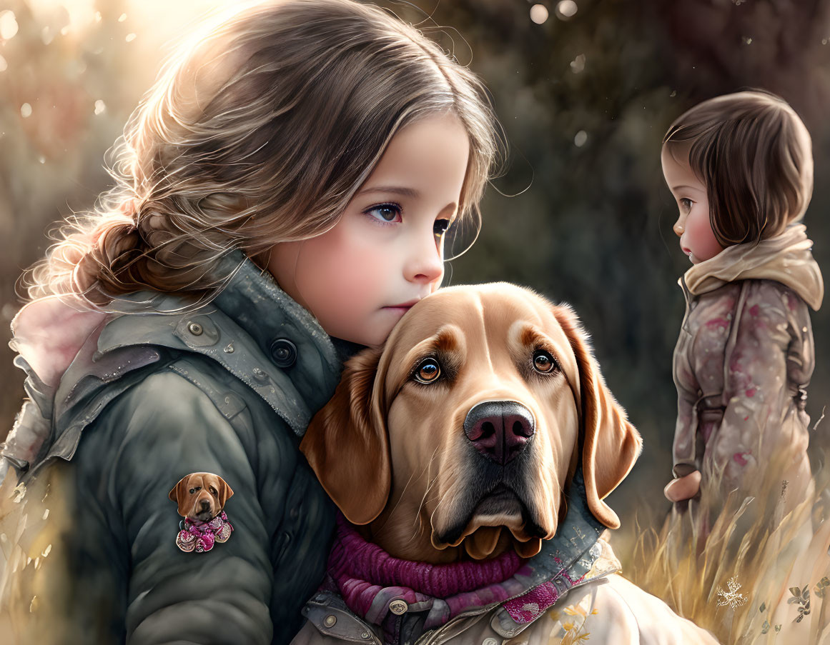 Young girl embracing golden dog in autumn field with another child.