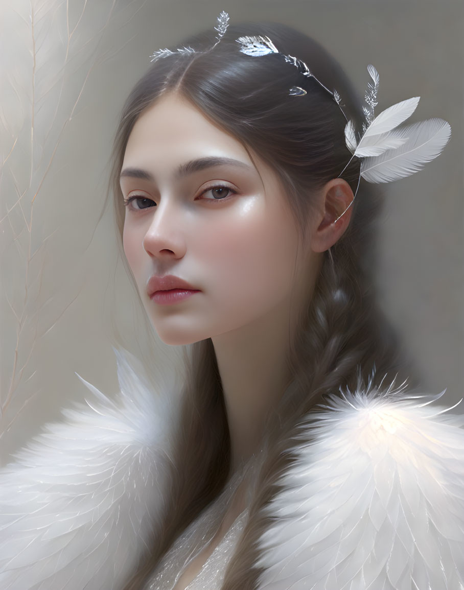 Woman in Feather Headpiece and White Attire: Serene Beauty