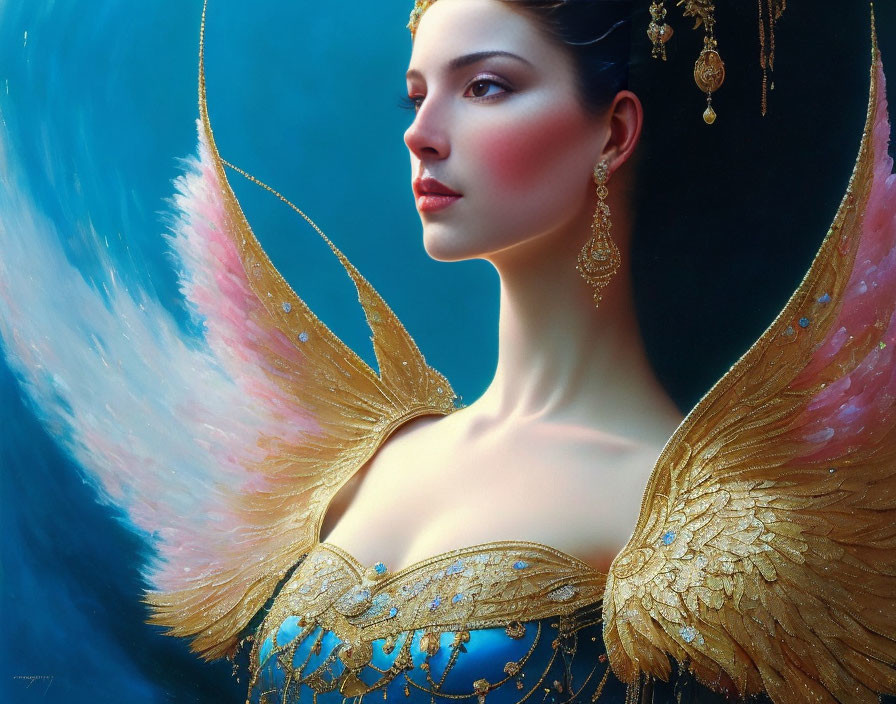 Serene woman with angel wings in ornate gold and blue attire