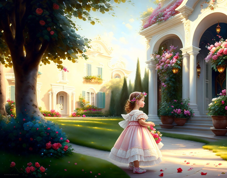 Young girl in pink dress gazes at lush garden by grand house