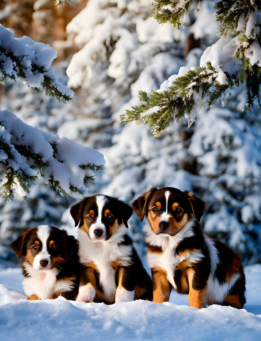 Adorable puppies in snow with pine trees.