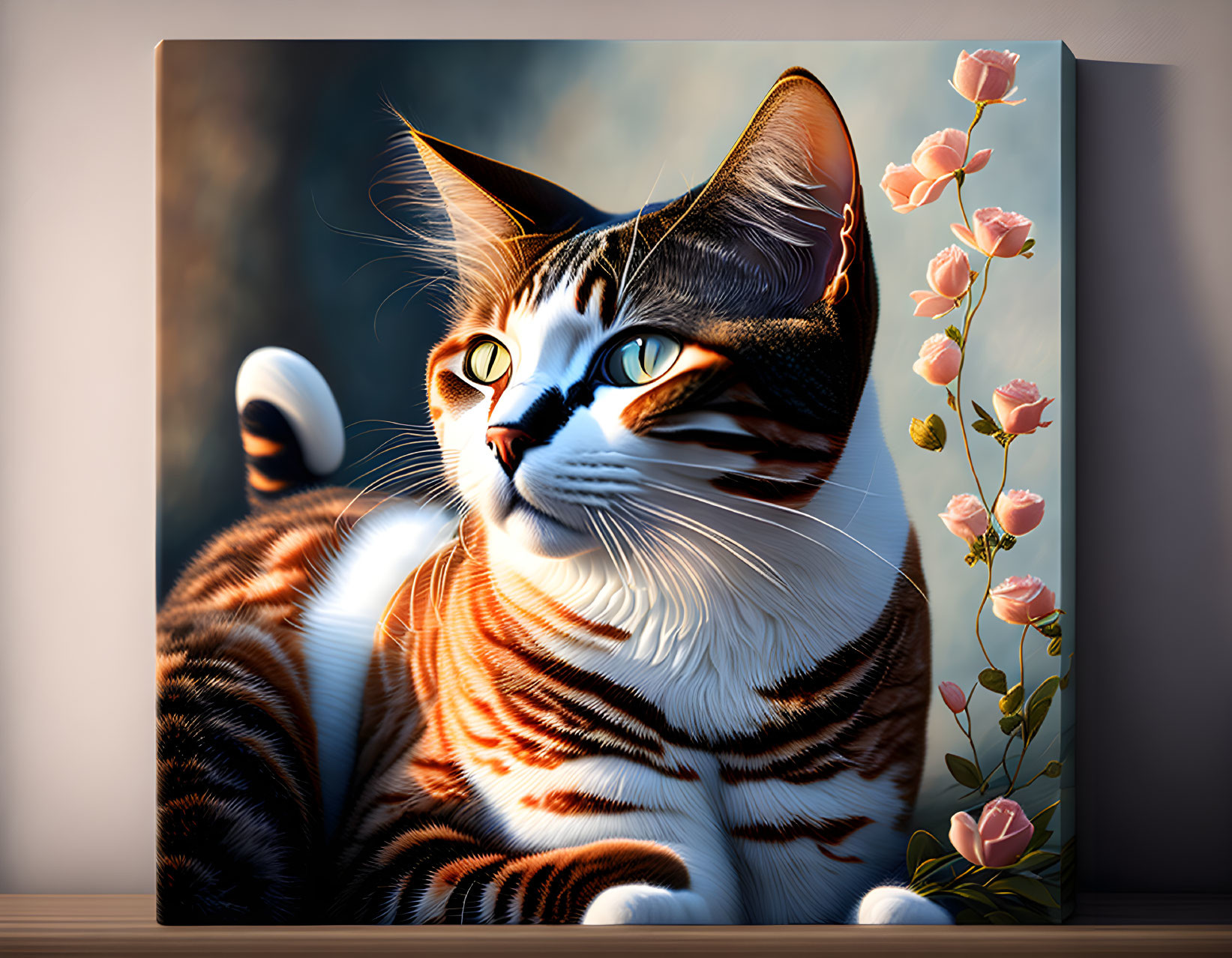 Striped Cat with Pink Roses Canvas Print