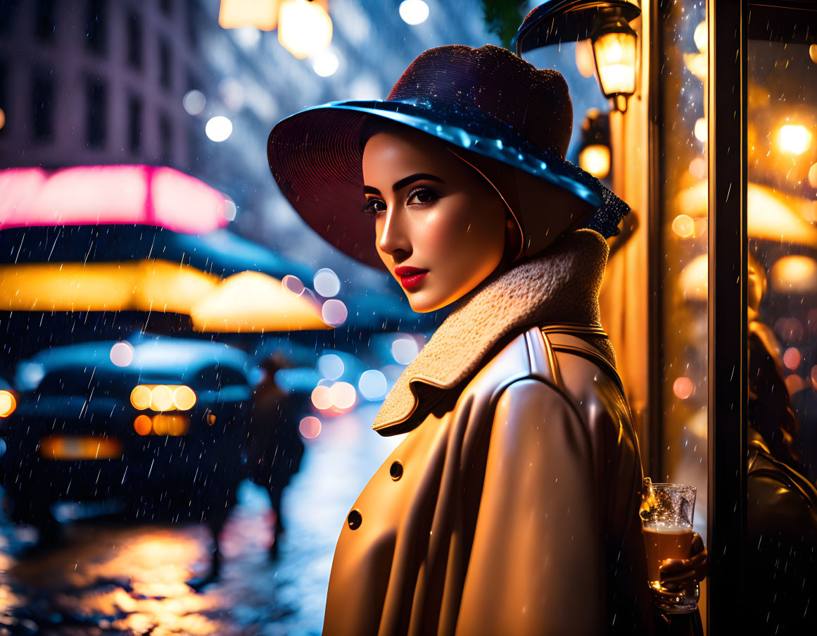 Stylish person in hat and coat on rainy city evening