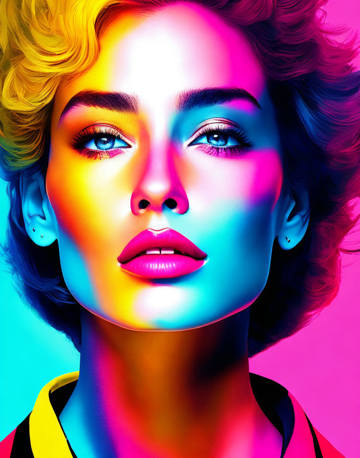 Colorful portrait: Woman with defined makeup, blue eyes, stylish curly hair