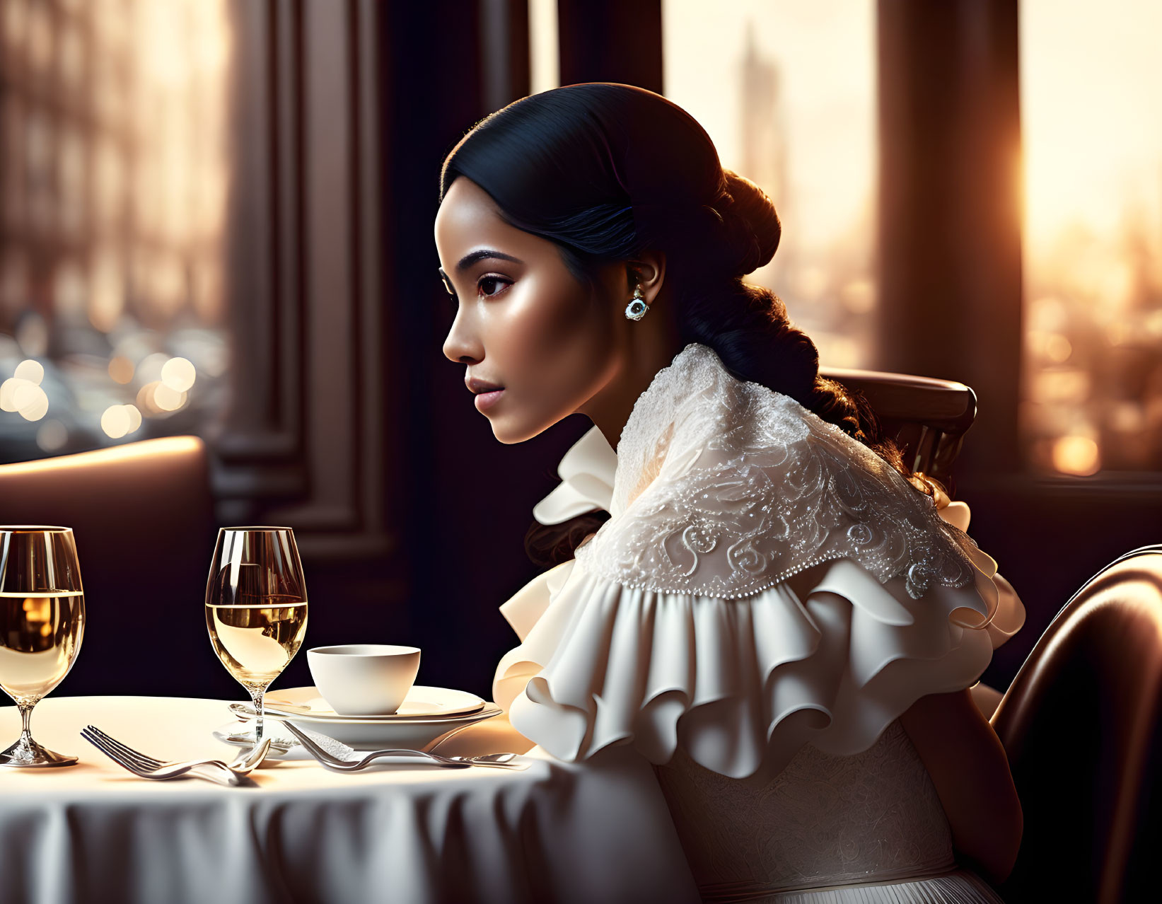 Woman in elegant attire sitting by window at sunset with wine glasses