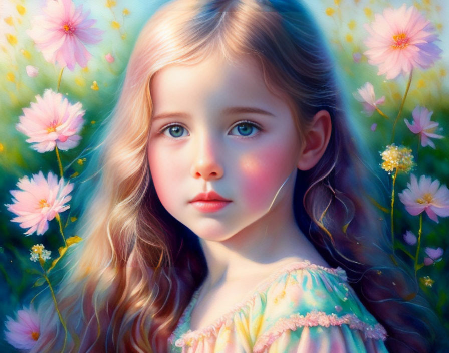 Portrait of young girl with long, wavy hair and pink flowers in dreamlike scene