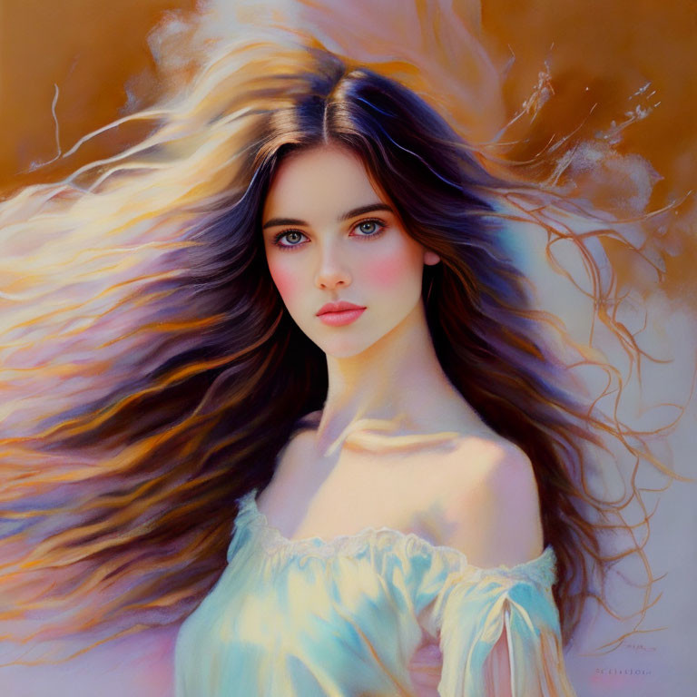 Portrait of a woman with flowing hair and blue eyes on warm backdrop