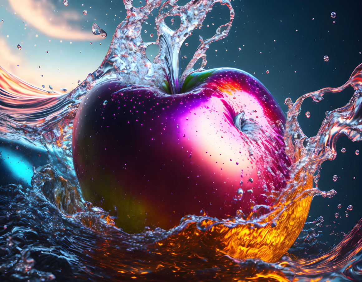 Colorful cosmic apple splashing in dynamic water scene