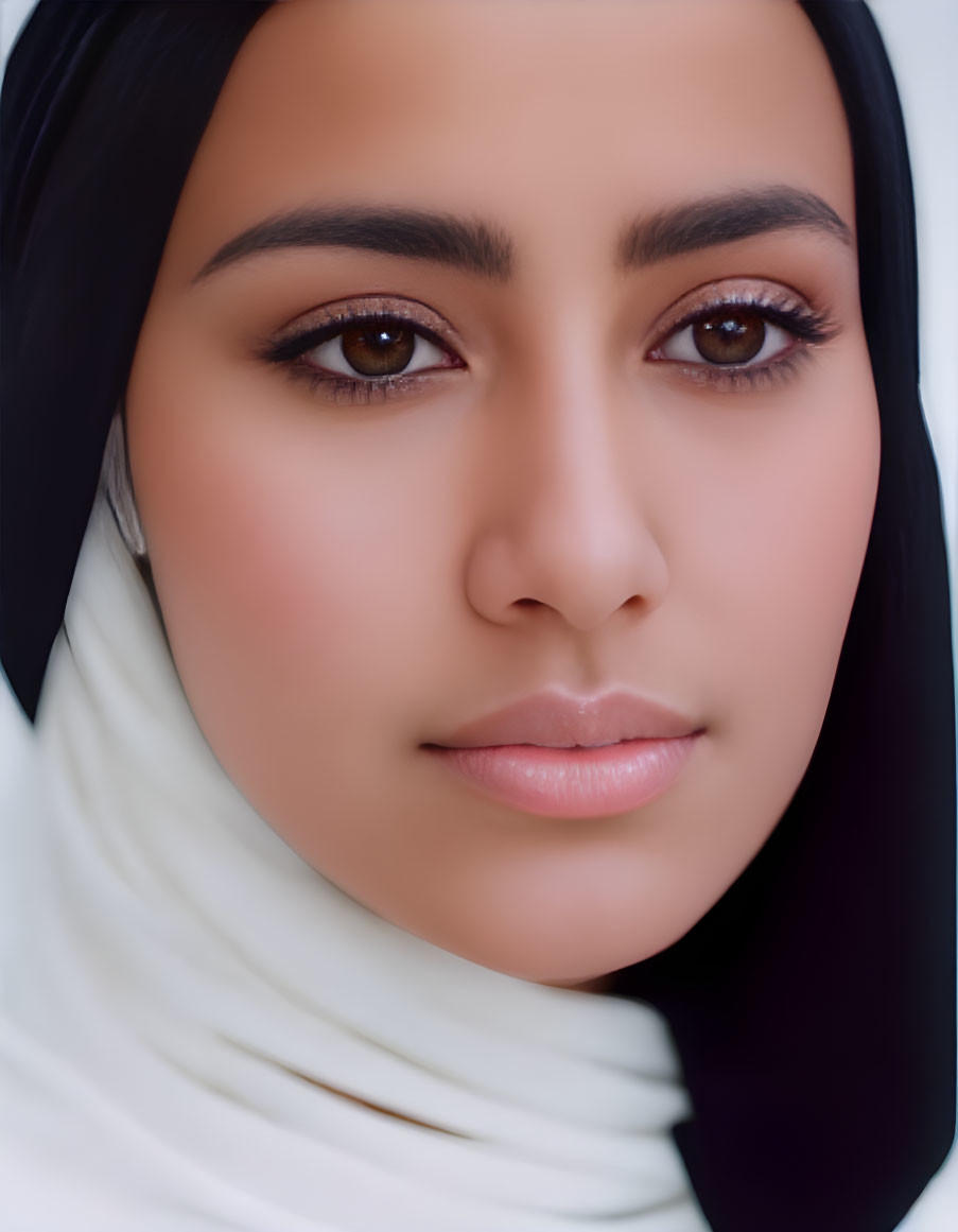 Portrait of woman with headscarf, dark eyes, defined eyebrows, natural makeup